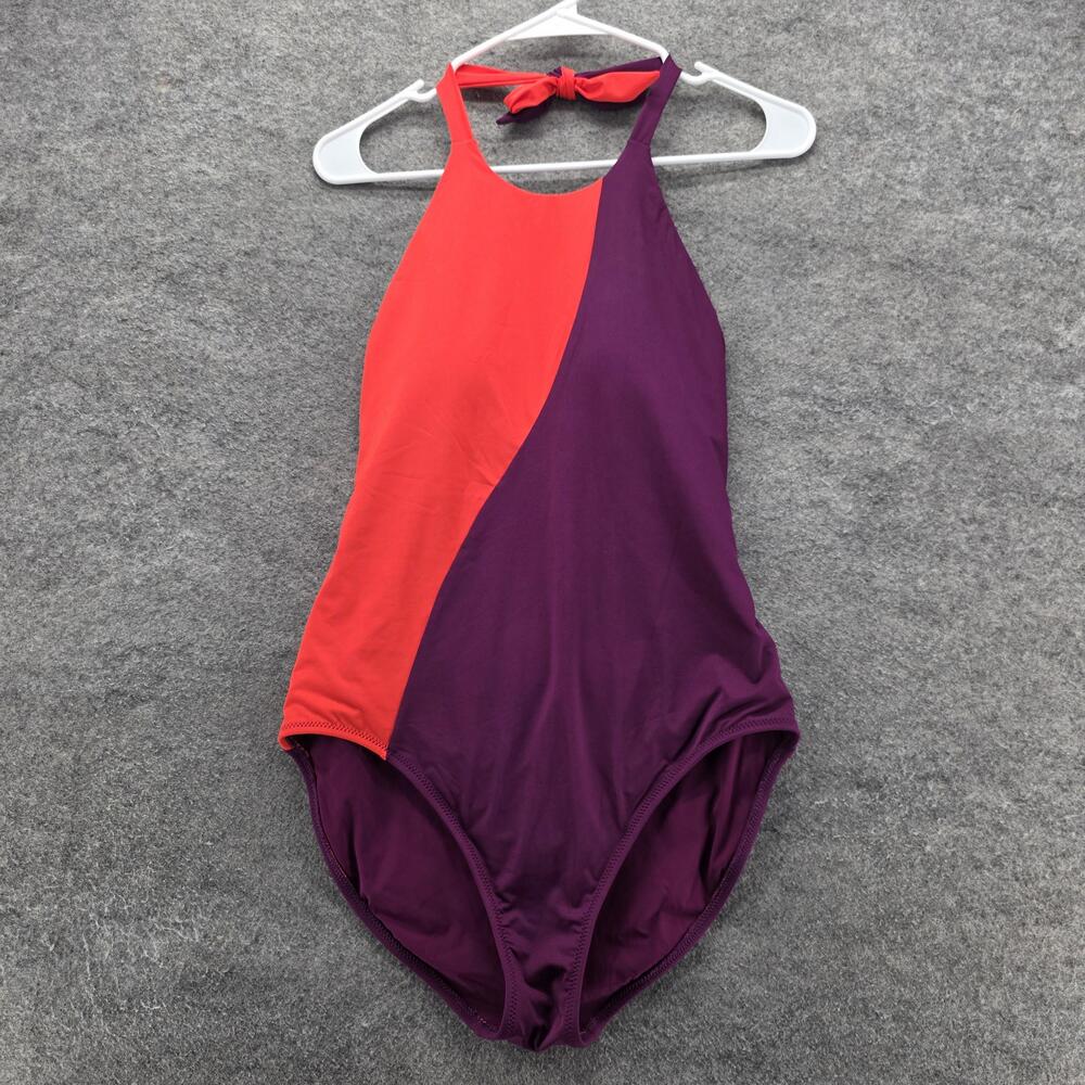 Athleta One-Piece Swimsuit Womens Medium Burgundy Orange Colorblock Halter Tie